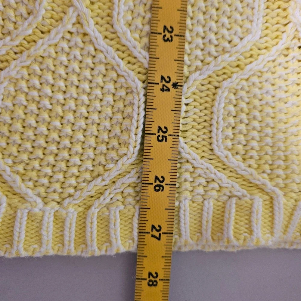 Lands End Sweater Women L Yellow White Honeycomb Chunky Cable Knit Cotton Preppy